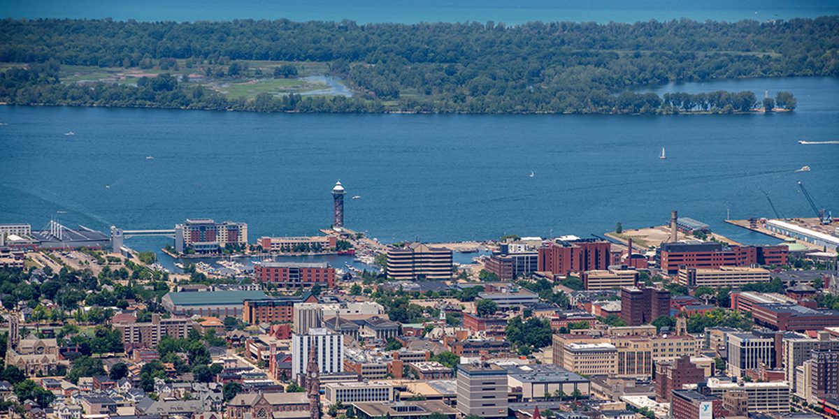 Aerial view of downtown Erie and the bayfront